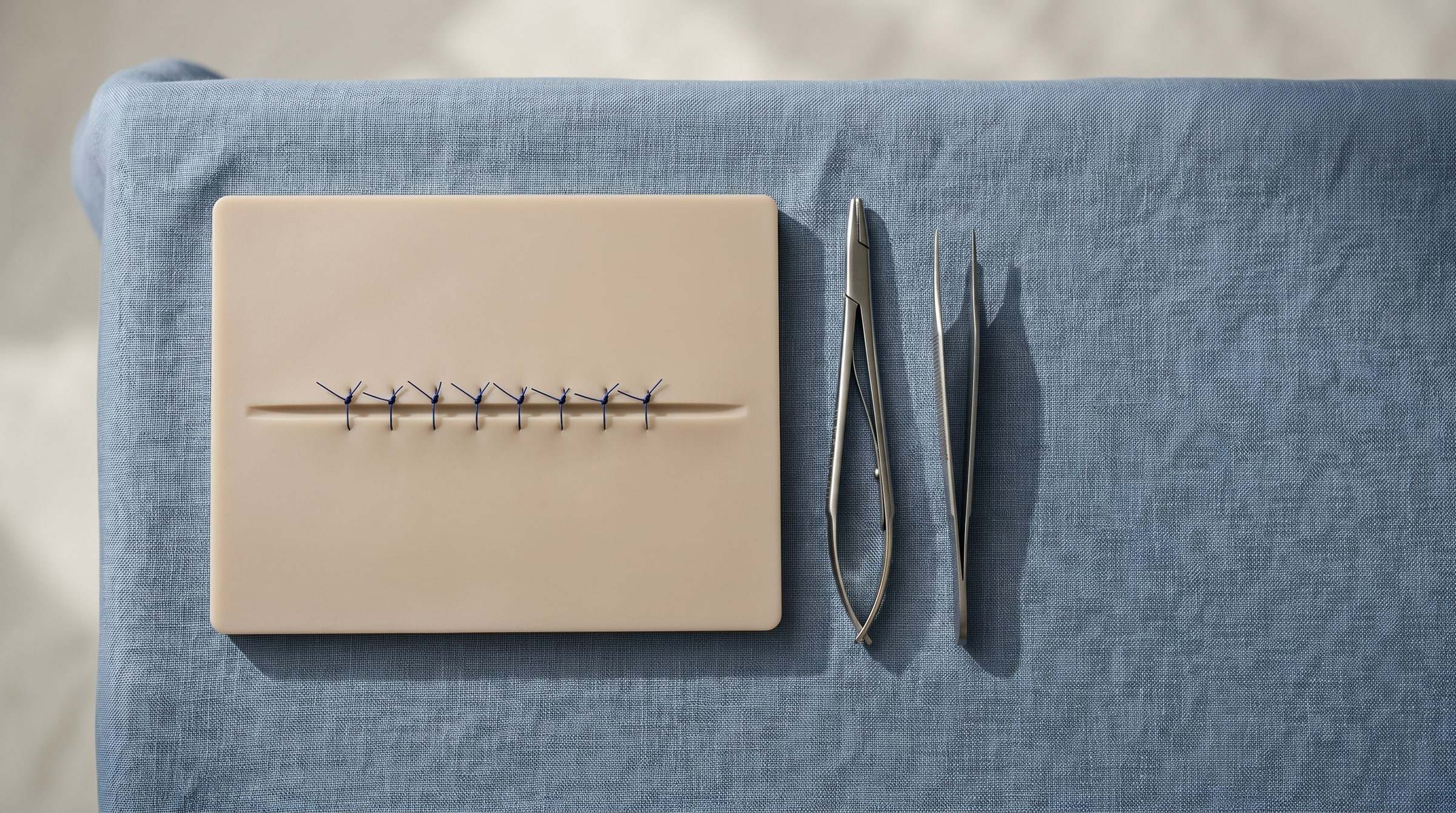 A silicone suture practice pad with a completed row of fine sutures, a needle holder and forceps beside it.